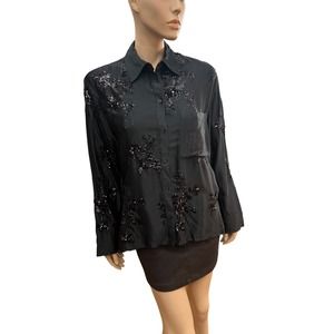 New Zara Woman Black Embroidered Shirt Blouse w/ Sequins Sz M